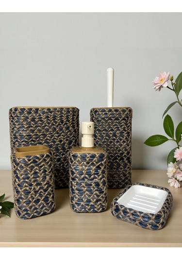 Doğal Dokulu Hasır Görünümlü 6 Parça Banyo Takımı Zarif Ve Modern Mavi