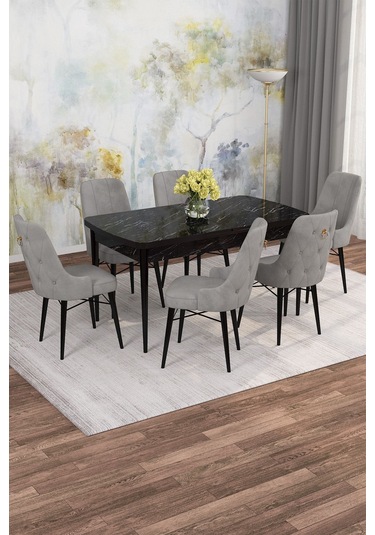 Mona Siyah Mermer Desen 80x132 Açılabilir Mdf Masa Yemek Odası Takımı, Mutfak Takımı 6 Adet Sandalye Siyah Mermer - 6 Gri - Siyah Ayak Mona Siyah Mermer Desen 80x132 Açılabilir Mdf Masa Yemek Odası Takımı, Mutfak Takımı 6 Adet Sandalye Siyah Mermer - 6 Gri - Siyah Ayak