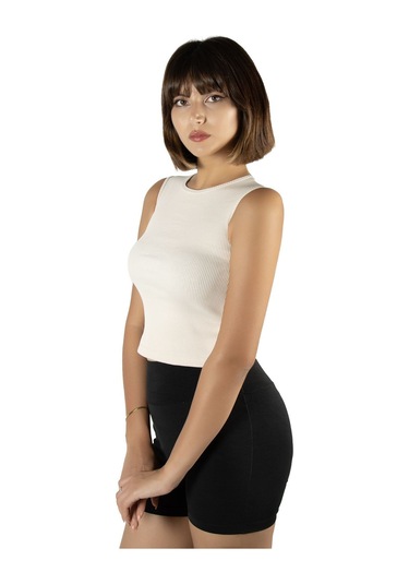 Krem Fitted/vücuda Oturan Crop Halter Yaka Fitilli Esnek Örme Bluz Atlet Krem