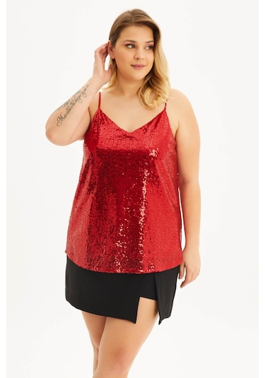 Astarlı İp Askılı Payetli Bluz-1683 Kırmızı