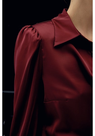 Sateen Vatkalı Saten Gömlek - Bordo-136728 Bordo