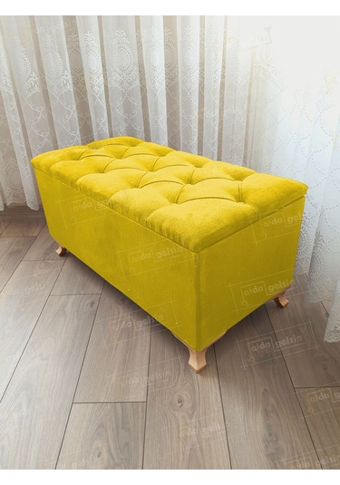 Lüks Sandıklı Kapitoneli Ayakucu Puf Bench 100 Cm Gold Ayak Sarı