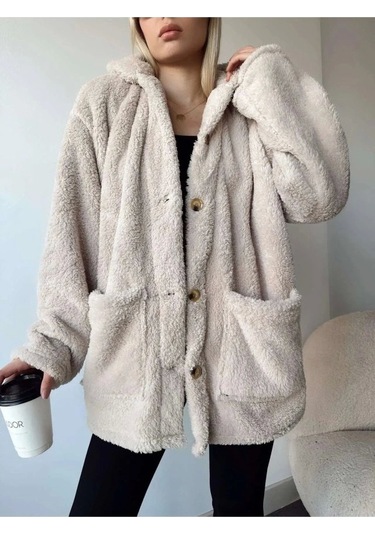 Kadın Uzun Kollu Cep Ve Düğme Detay Wellsof Kumaş Kaban Bej