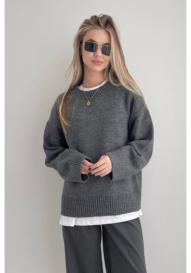 Antrasit Bisiklet Yaka Oversize Triko Kazak Mg1972 Antrasit