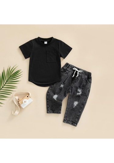 Yuvarlak Yaka Kısa Kollu Tişört Yırtık Kot Pantolon Bebek Erkek Alt Üst Takım Siyah