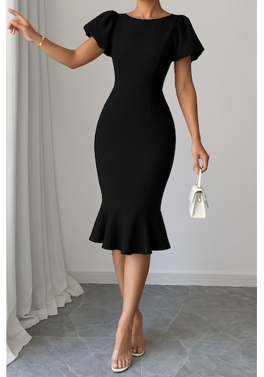 Ahes Shopping Kadın Kısa Kollu Yuvarlak Yaka Pileli Janjan Krep Elbise Siyah