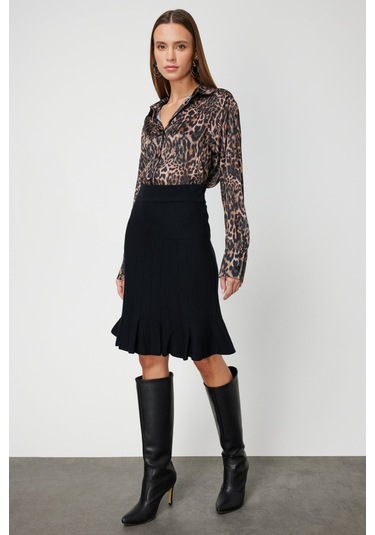 On Kadın Eteği Pileli Diz Üstü Triko Etek 65200 Siyah Siyah