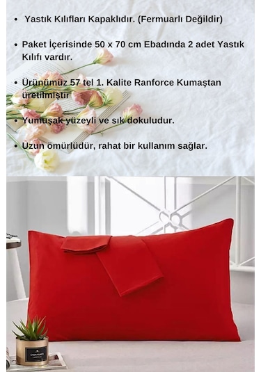 Kırmızı Renkli Pamuklu Ranforce Kumaştan Yastık Kılıfı 2 Adet