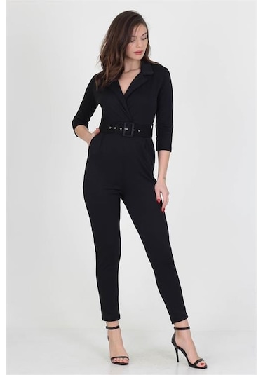 Kadın Kemerli Likralı Cepli Tulum Dpnb0007 Siyah