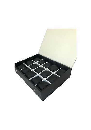 Saat Çantası 15 Li Çıtçıtlı Ahşap Kasa Üzeri Siyah Deri Kaplama 25x35 Cm İçi Beyaz Siyah