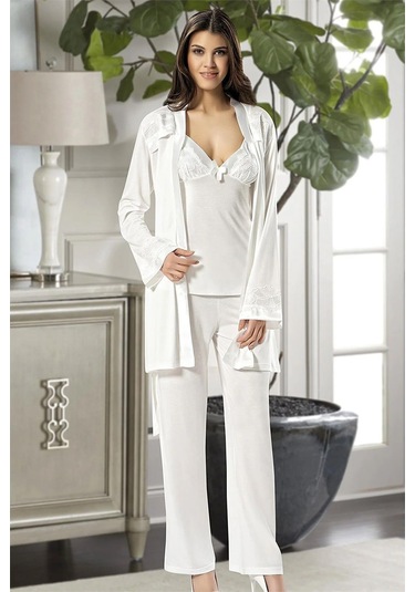 Xses 2030 Kadın Sabahlıklı Pijama Takım-ekru Ekru