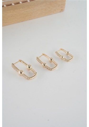 By Zeyna Aksesuar Kadın Vip Seri Antialerjik Baget Zirkon Taşlı 3'lü Küpe-5187 Altın