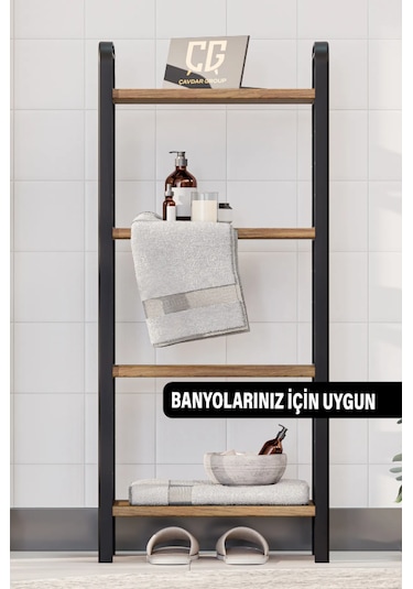 4 Katlı Ahşap Çubuklu 40 Cm Banyo Rafı, Banyo Düzenleyici Raf Ceviz