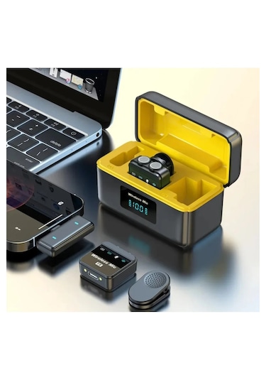 Q09 Iphone Ve Type-c Uyumlu Kablosuz Yaka Mikrofonu Göstergeli Led Şarj Kutulu Gürültü Azaltma