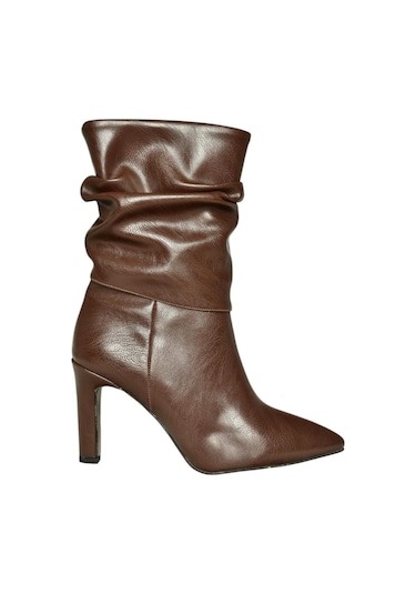 Fox Shoes R404020309 Kahverengi İnce Topuklu Büzgülü Kadın Bot Kahverengi-suni Deri