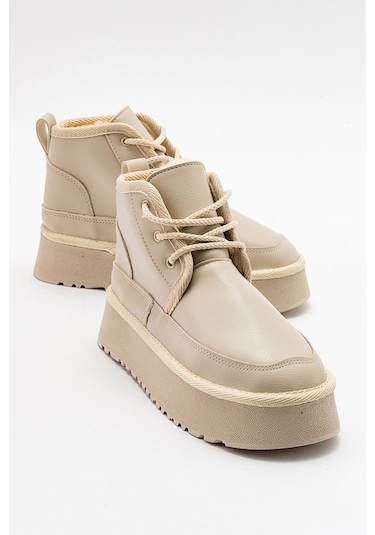 Luvishoes Ovela Bej Cilt Kalın Taban Bağcıklı Kadın Spor Bot Bej