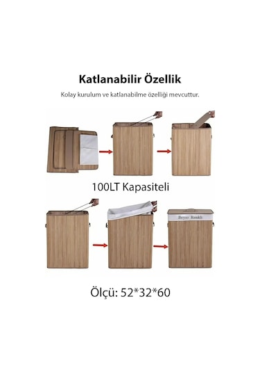 Ezere Bambu Naturel Hasır Çift Bölmeli Katlanabilir Kirli Çamaşır Sepeti 100 Lt Bej