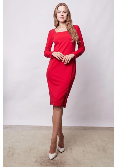 Kadın Likralı Krep Kumaş Kare Yaka Önden Yırtmaçlı Uzun Kol Diz Altı Ofis Elbise-kırmızı Kırmızı