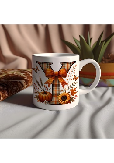 Y Harfi Ekose Ve Sonbahar Temalı Kupa Bardak - Kişiye Özel Sıcak Tonlar Alfabe Kupa - Hediye Beyaz