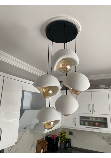 Modern 5'li Avize Beton Dokulu - Salon Ve Oturma Odası İçin Şık Tasarım Rustik Ampul Hediyeli Siyah