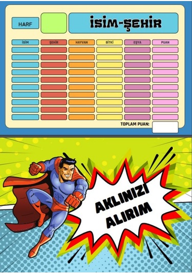 İsim - Şehir Oyunu Yaz - Sil Pvc Kaplı