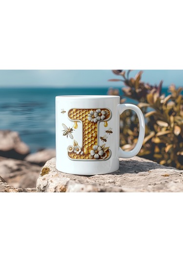 I Harfi Bal Arısı Tasarım Kupa Bardak - Bal Ve Petek Desenli Kişiye Özel Kahve Kupası - Hediyelik Beyaz