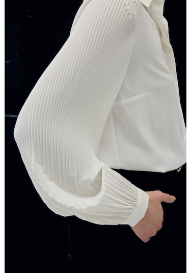Sateen Plise Kollu Gömlek - Ekru-137087 ekru