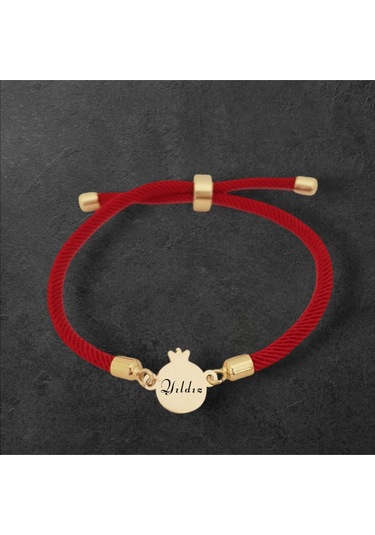 Yıldız İsmine Özel Nar Motifli İpek Örgülü 14 Ayar Altın Plakalı Hediye Bileklik-323isim-kırmızı Altın