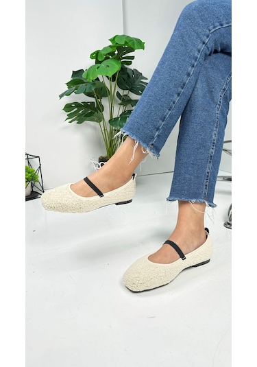 Günlük Kadın Babet Peluş Lastikli Oval Burunlu Alçak Topuklu Tırtıklı Tabanlı Ayakkabı 369 Bej