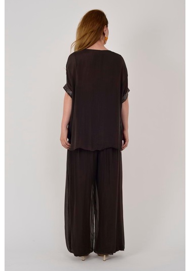 İtalyan Yarasa Kollu Payetli İpek Bluz-9248 Kahverengi