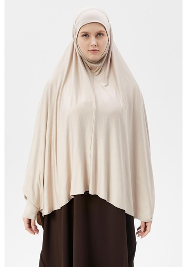 Kollu Sufle Çarşaf Üstü Peçeli Pratik Tesettür Hijab - Nikaplı Namaz Örtüsü Koyu Krem