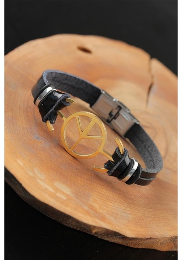 Gold Renk Barış Figürlü Metal Aksesuarlı Siyah Renk Deri Erkek Bi Çok Renkli