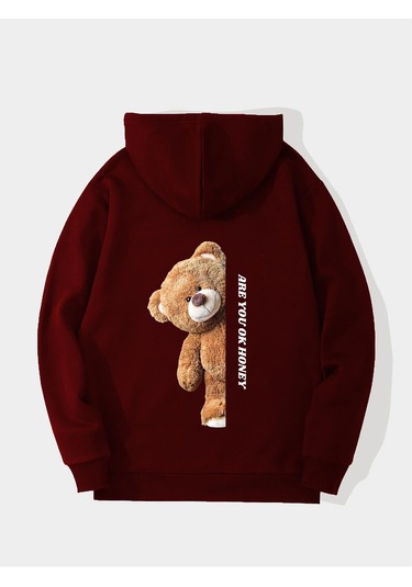 Unisex Are You Ok Honey Baskılı Kapüşonlu İçi Yumuşak Polarlı Oversize Sweatshirt - Bordo Bordo