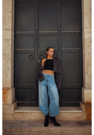 Madmext Antrasit Bisiklet Yaka Kadın Suni Kürk Mont Mg2176 Antrasit