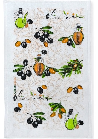 2li Paket Baskılı Beyaz Mutfak Havlusu Modeli Zeytin