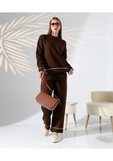 Kontrast Dikişli Kadın Triko Takım Kahverengi