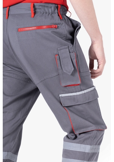 Körüklü Çift Komando Cepli Pantolon Gri - Kırmızı