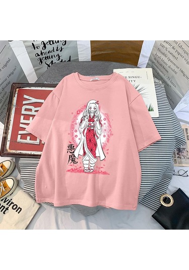 Pembe Japon Animesi İblis Avcısı T Shirt Erkekler Kawaii Kimetsu Hiçbir Yaiba Grafik Tees Tanjirou Kamado Unisex Üstleri Komik Tişört Pembe