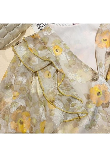 Sarı Çiçek Şifon Bluz Kadın Bahar Elbise Fransız Dantel Up Kısa Fırfır Yumuşak Rüzgar Süper Peri Üst M Sarı