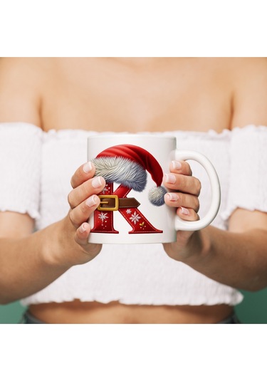 K Harfi Yılbaşı Temalı Bardak 330 Ml Harfli Kişiye Özel Hediye - Yeniyıl / Noel Şapka Tasarım Beyaz