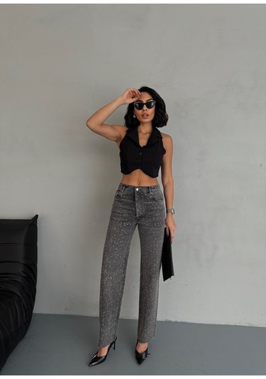 Kadın Taşlı Premium Gri Kot Pantolon Gri