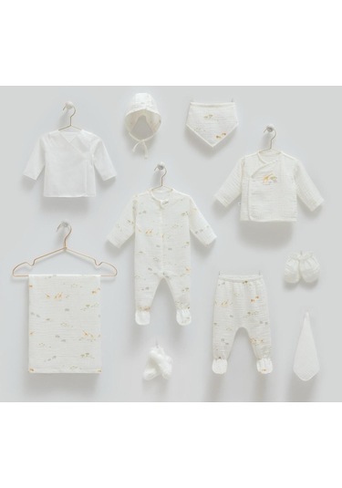 Müslin Safari 10'lu Set Yazlık Hastane Çıkışı Zıbın Seti Ekru