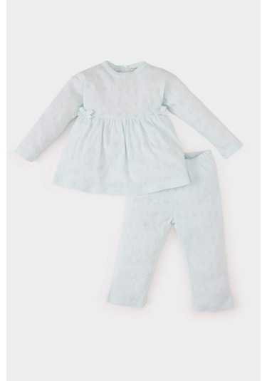 DeFacto Kız Bebek Pijama Takımı Ribana Uzun Kollu Üst Beli Lastikli Uzun Alt E0766A525SPBE61 Mavi