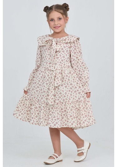 Kız Çocuk Fiyonk Yakalı Bel Kuşaklı Çiçek Desenli Kloş Etekli Elbise 12301 Gülkurusu