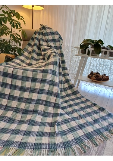 Skoç Battaniye Tek Kişilik Petek Dokulu Yeşil-beyaz Battaniye