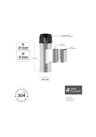 Karaca Pluton Çelik Sızdırmaz Termos Inox 450 ml