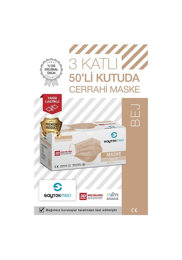 Saytekmed Meltblown Filtreli Yassı İpli 3 Katlı Bej Maske 1 Kutu 50 Adet
