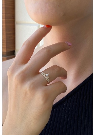 Zümrüt Sarraf 14 Ayar Yeşil Altın Kadın Kraliçe Taç Taşlı Yüzük 553891773