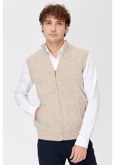 Erkek Dik Yaka Baklava Desenli Yün Yelek V.bej V.bej