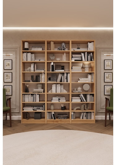 Asra Trend K-21 %100 MDF 180 cm 3 Modüllü Kitaplık 21 Raflı Dev Kütüphane Safir Meşe